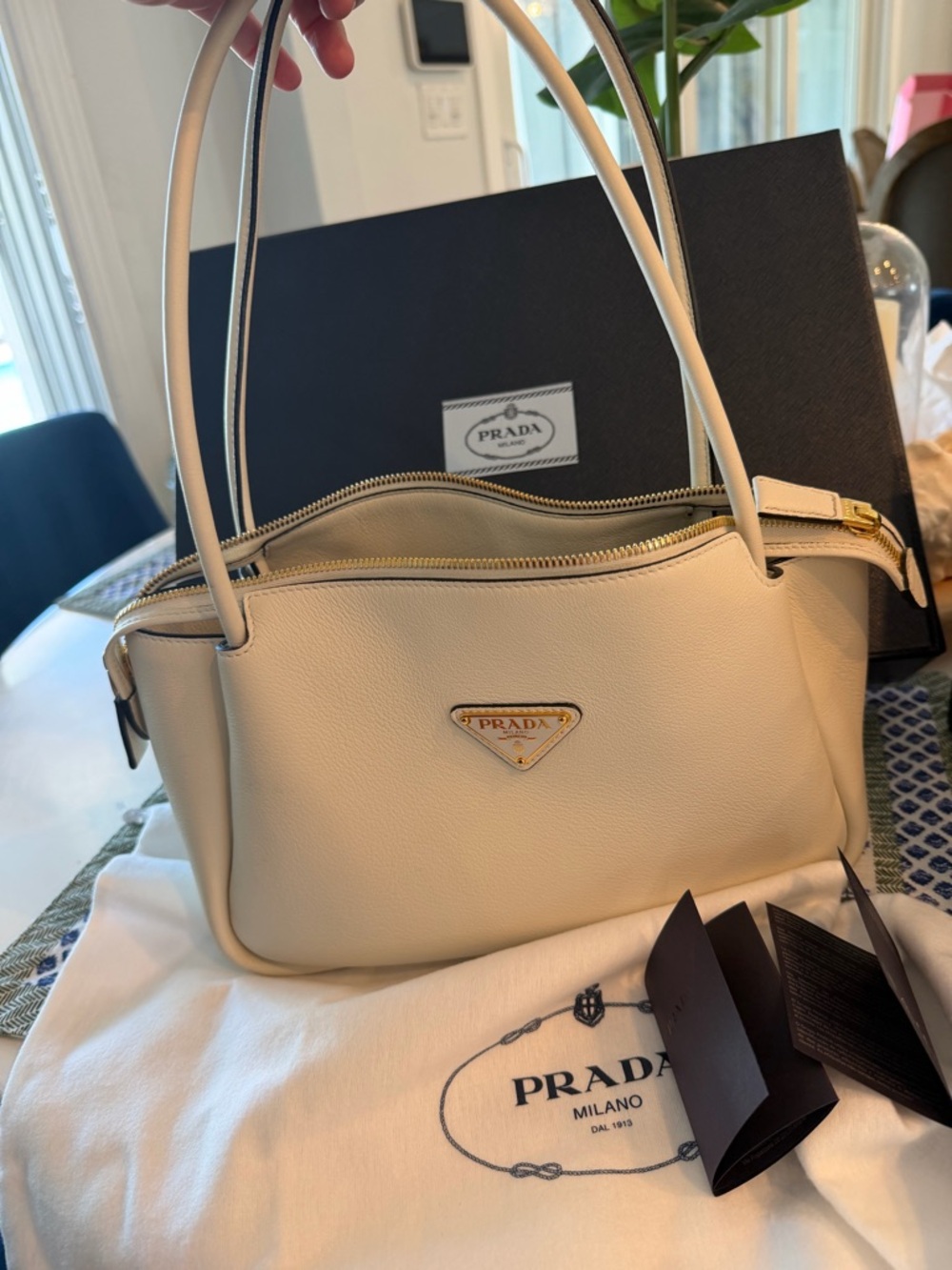 Prada Cream Leather Double-Handle Shoulder Bag